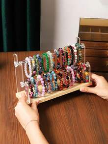 1pc 2-Tier Stepped Jewelry Display Stand, Multi-Rod Detachable Watch Storage Rack, Wooden Base Transparent Acrylic Accessory Display Stand, Suitable For Bedroom, Jewelry Store, Vanity And Accessory Shop - Clear - View 6