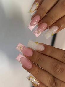 NAIO 24pcs/Set Spring And Summer Press On Nails Long Square Nail Tips, Y2K Baddie Style, Available In Nude, Pink, White, And Gold Colors, As Well As Nail Polish, Gel Nails, And French Manicures With Pointed Tips, Adorned With 3D Sculpted Flowers And Gold Beads.Suitable For Women And Girls, Party, Daily Wear, Comes With Tool Kit, Great Gift For Ladies Nails Nail Supplies - Multicolor - View 1