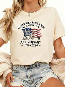 Casual T-Shirt With American Flag For The 250th Anniversary - Celebrating 250 Years Of Independence, Soft Crew Neck, Casual Shorts Suitable For Men And Women, 4th Of July Outfit, Machine Washable, Everyday Wear For Men And Women, Fashion - 杏色 - 查看 7