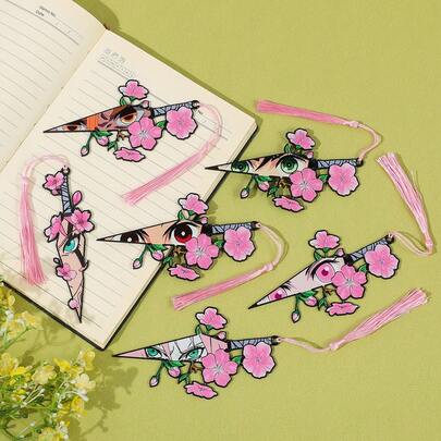 Anime Eye Sakura Flower Alloy Bookmark Set With Pink Tassel - Cool Manga Style Knife Shape Reading Marker Gift For Anime Fans & Book Lovers
