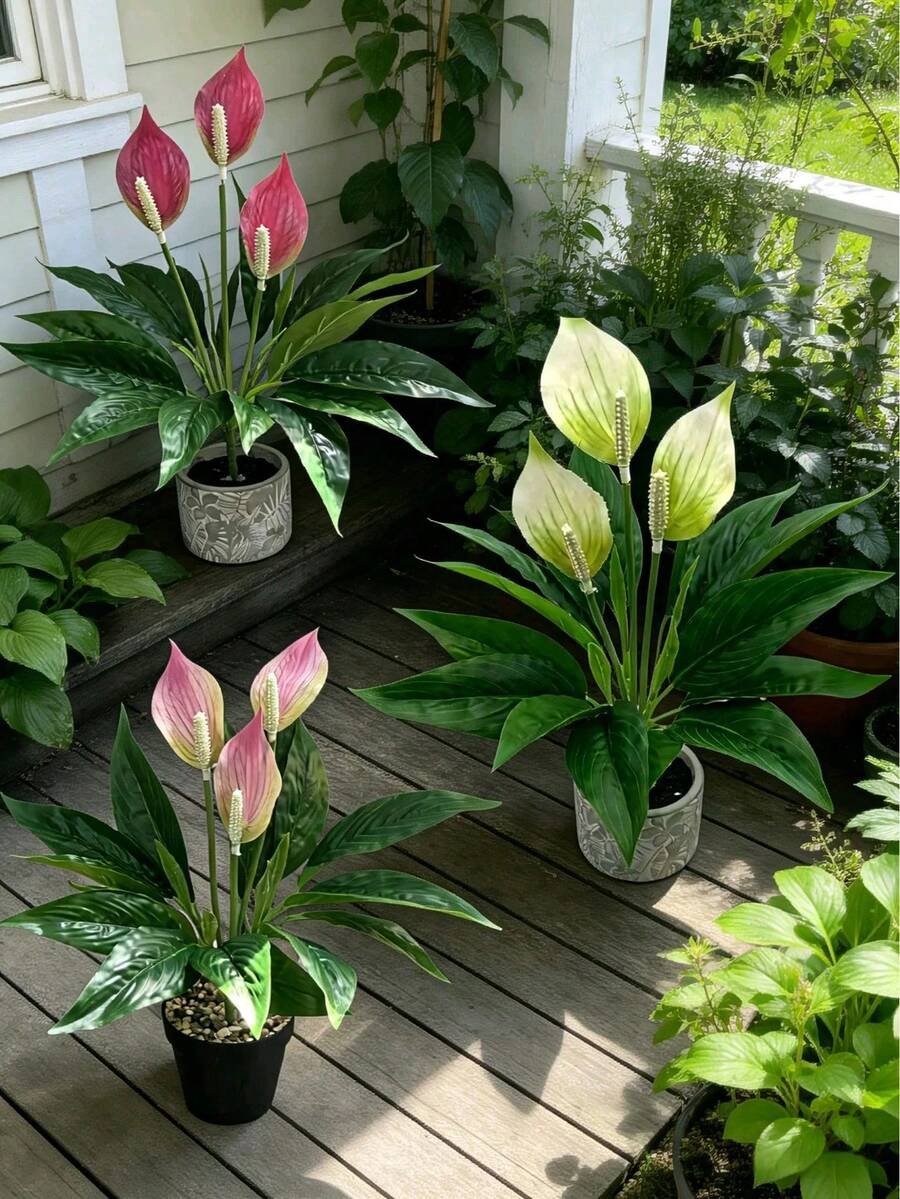 1株人造马蹄莲花卉植物，白色和粉色花朵，3片绿叶，适合室内外装饰（不含花盆） - 彩色 - 查看 1
