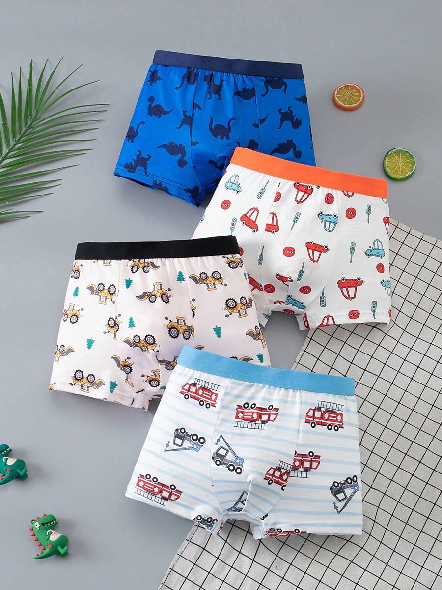 4 piezas/paquete Calzoncillos cómodos y suaves con estampado de dibujos animados para niños - Multicolor - Ver 1