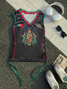 女士休闲V领抽绳修身网眼背心，适合春夏街头风格，世界杯女装夏季黑色款 - 黑色 - 查看 9