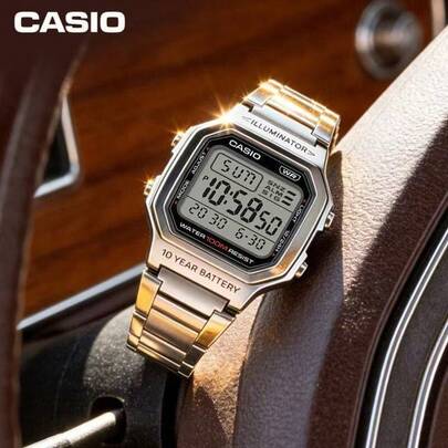 Casio 卡西欧 W-800HD-1AVPF 全金属银色方形手表，10 年电池寿命，100 米防水，多功能数字腕表