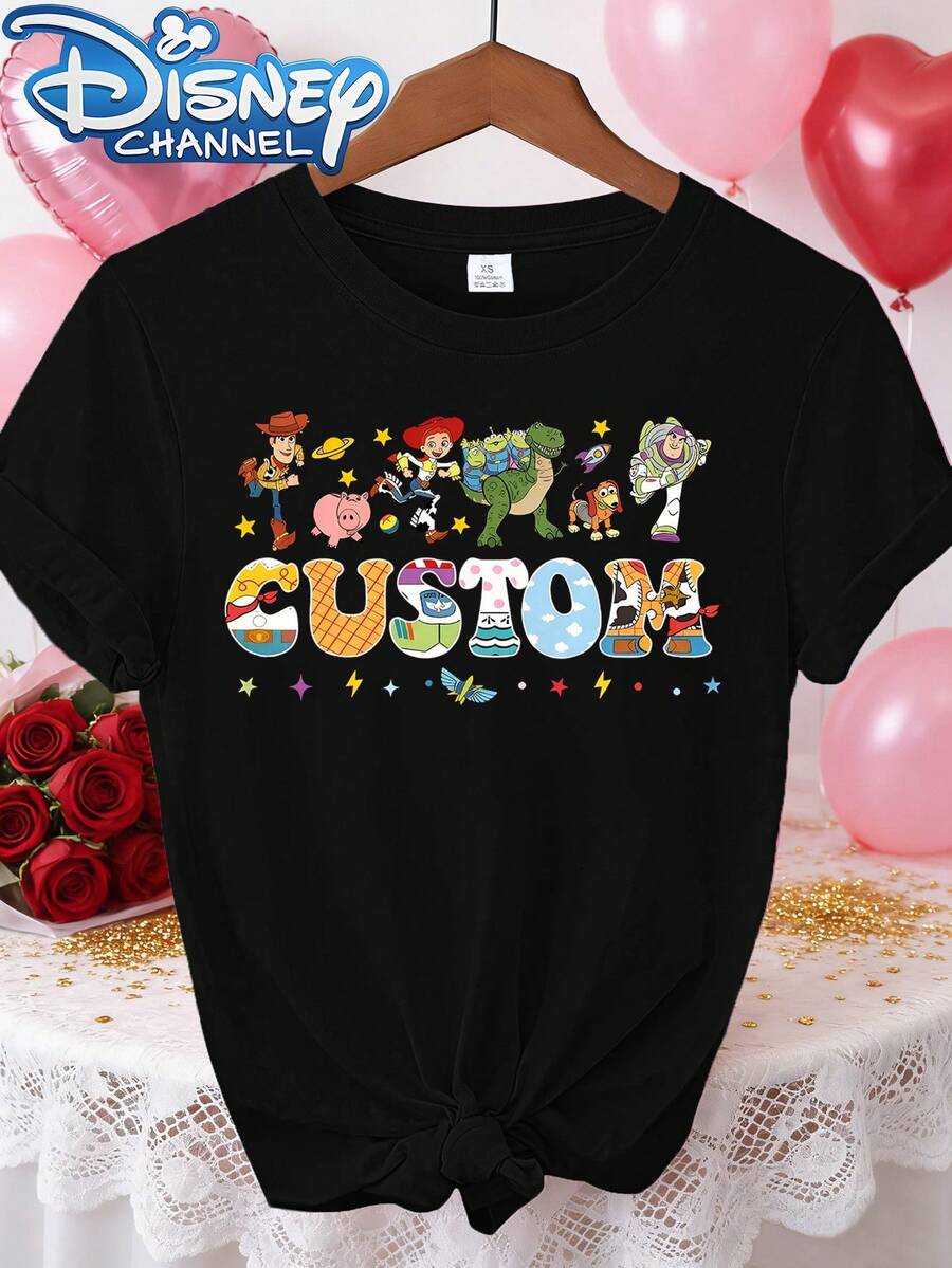 Disney- New Women's Spring And Summer Fashion Round-Neck Pure Short-Sleeved T-Shirt With Valentine's Day Toy Story Character Prints.It's A Versatile, Casual, Soft And Comfortable Pure T-Shirt Suitable For Both Outerwear And I - màu đen - Xem 1
