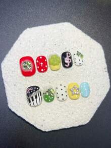 10pcs Y2K Style Dopamine Wearable Nail Art, Handmade 3D Lucky Four-Leaf Clover & Piano Pattern Detachable Nail, Colorful Polka Dot Reusable False Nails (Includes 1 Jelly Sticker + 1 Nail File) Handmade Press On Nails - Multicolor - View 12