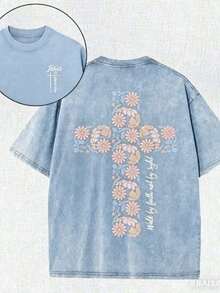 Summer Tops2026Christian Washed T-Shirt, Jesus, Faith, Floral Cross Pattern T-Shirt "Walk By Faith Not By Sight","Jesus Is Coming Soon", Religious Ele - 淺藍色 - 查看 1