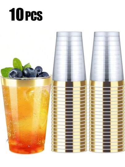 10个10盎司透明水晶金杯，金色杯口 - 晶莹剔透，适合盛装果汁和冷饮，可用于婚礼、派对、野餐、婚宴、居家、办公等场合，可重复使用，母亲节派对用品