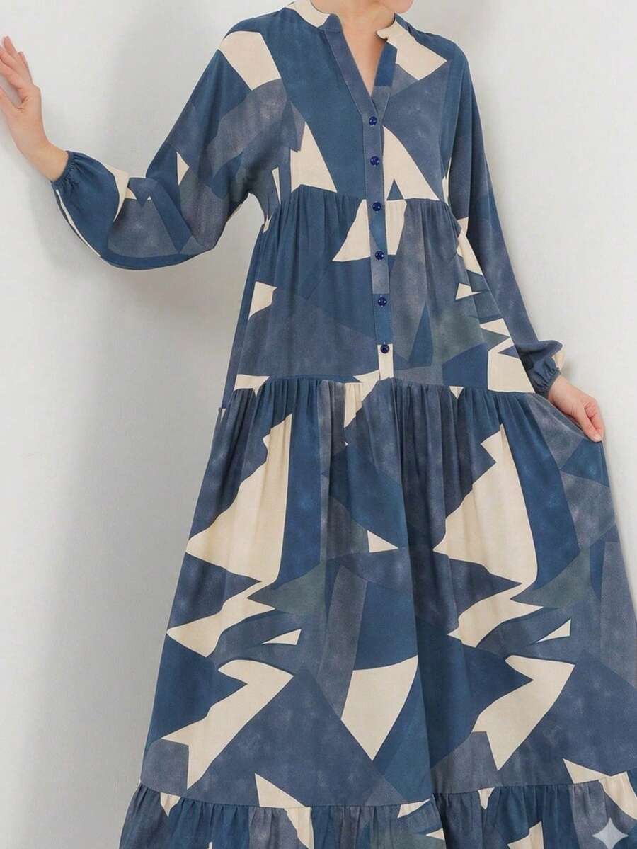 Elegant And Dignified Women's Long Sleeve Button Front Dress With Leaf Print, Slightly Stretchy Fabric, Suitable For Party Wear - Gray Blue - View 1
