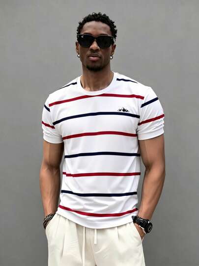 Voidago Men's Casual Summer T-Shirt - Black, White, Blue Striped, Short Sleeve, Round Neck, Lightweight & Breathable, Suitable For Spring/Summer Outdoor Wear, Casual T-Shirt | Sports & Leisure Shirt | Comfortable Fit Shirt