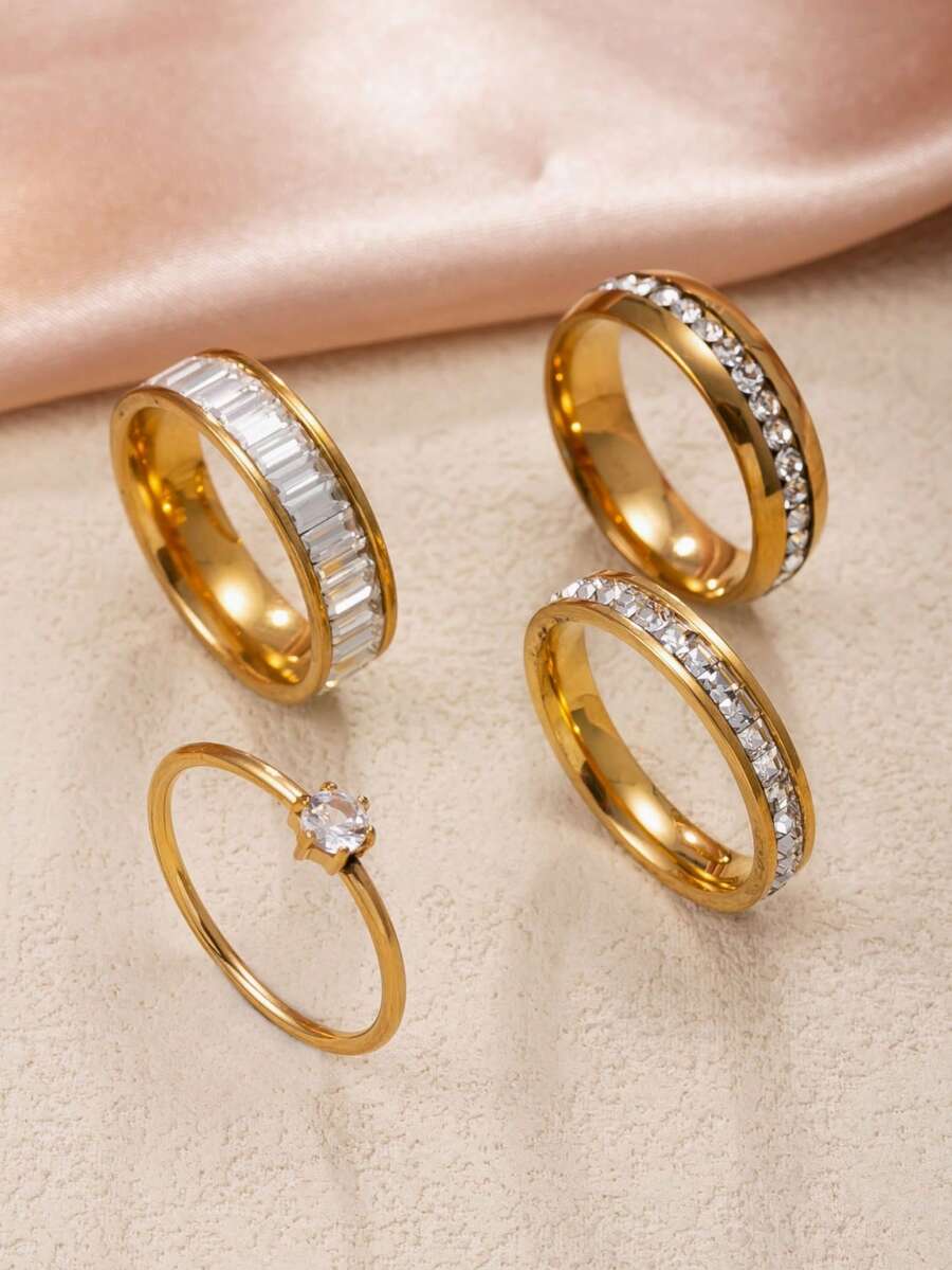 Bộ 4 chiếc nhẫn nữ mạ vàng 18K bằng thép không gỉ, đính đá lấp lánh, kiểu dáng vĩnh cửu, tối giản, thanh lịch và sang trọng, chống phai màu, chống thấm nước, phù hợp đeo hàng ngày, dự đám cưới, tiệc tùng, làm quà tặng, trang sức mùa hè. - Vàng - Xem 1