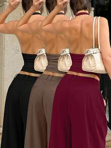 Set de 3 camisetas de tirantes finos acanaladas, versátiles y sexys para mujer, para primavera/verano - Negro, marrón, rojo vino - Ver 6