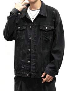 Men's Distressed Denim Jacket Casual Vintage Rugged Trucker Coat - 黑色 - 查看 3