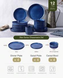 Richmount 12 Piece Stoneware Dinnerware Sets, Plates And Bowls Set For 4 - Tinh vân xanh - Xem 2