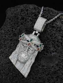 Bling Colorful Four-Leaf Clover Jesus Head Copper Zirconia Pendant Necklace, European And American Rapper Same Style Twisted Chain Necklace, Personalized Accessory For Men - Four-leaf Clover Jesus Pendant Necklace - View 12