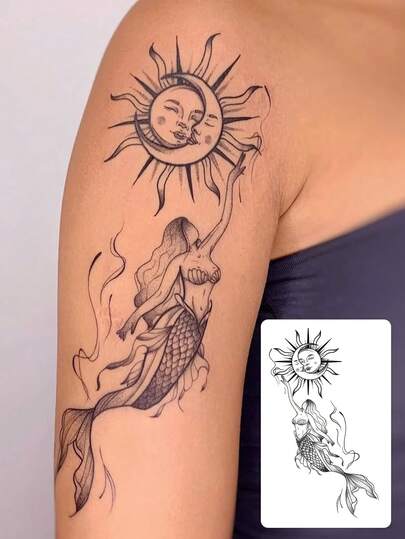 1张可水洗黑灰线条美人鱼日月临时纹身贴纸，复古风格大号手臂假纹身贴纸，可持续2-3天