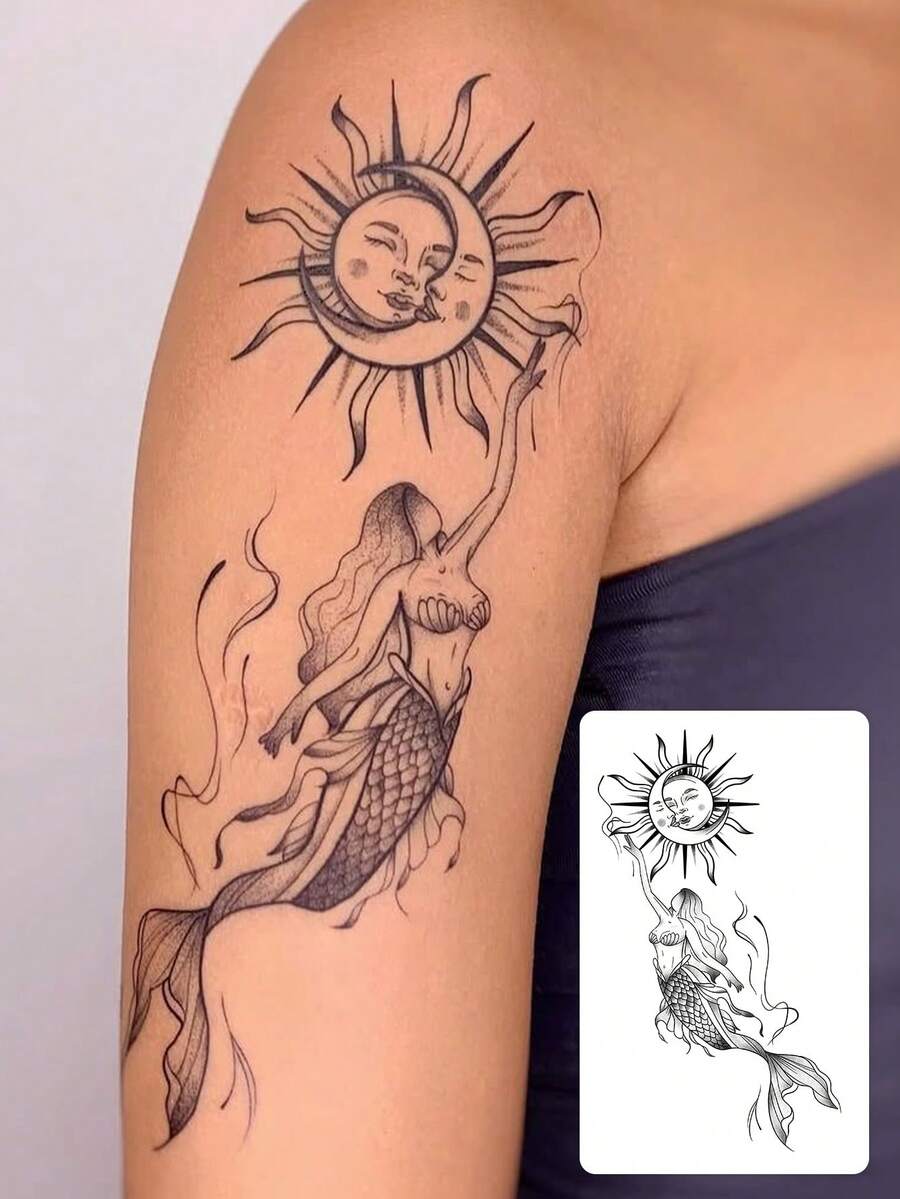 1pc Washable Black & Gray Line Art Mermaid Sun Moon Temporary Tattoo, Vintage Style Large Arm Fake Tattoo Sticker Lasts 2-3 Days,Sketch Style - Black - View 1