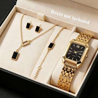 Luxury Compact Steel Quartz Watch And Black Gold Hollow Square Necklace Earring Jewelry Set, Gold Teenage Steel Band Analog Wrist Watch Set, Steel Folding Buckle Strap, Inlaid Design, Suitable For Daily, Party, Banquet Outfits, Back To School Season, Music Festival Selected Goods, Birthday Gift For Others, No Box Included