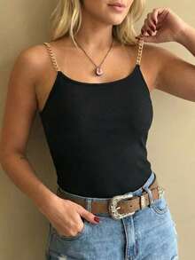 Summer Casual Solid Color Chain Strap Round Neck Bodycon Camisole Black - Black - View 4
