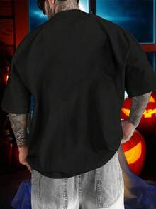 Camiseta Casual para Hombre con Estampado Gráfico de Cara de Fantasma de Halloween, Cuello Redondo Negro, Estilo de los Años 2000 5AK3 - Negro - Ver 2
