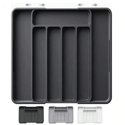1pc Black & White Expandable Drawer Organizer Tray, Plastic Cutlery Holder, Adjustable Compartments For Utensils, Large Capacity Kitchen Accessories
