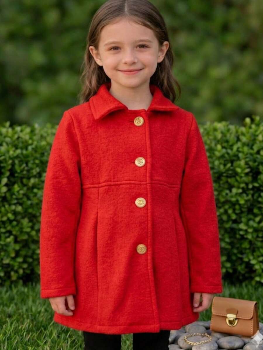 Girls' Soft Fabric Overcoat – Warm Coat With Front Buttons And Elegant Design For Winter - 紅色 - 查看 1