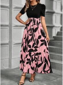 Women's Printed Maxi Dress Short Puff Sleeve Crew Neck Tie Waist Casual Long Dress For Daily Wear Party - 粉紅色 - 查看 5