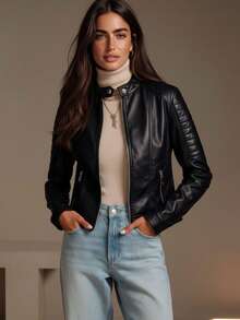 Chaqueta de piel sintética para mujer de otoño/invierno, diseño de estilo callejero con bolsillos con cremallera, adecuada para el transporte urbano y los viajes, combinando moda y practicidad, elegante en negro - Negro - Ver 5