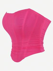 Mesh Corset Top, Strapless Backless Tight Bustier, Double Layer Shapewear Top, Crop Top For Halloween - Hot Pink - View 2