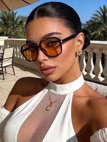 1 Pair Oversized Double Bridge Aviator Glasses, European And American Style Double Bridge Metal Aviator Glasses For Women, Outdoor Travel Exclusive Beach Accessory, Street Style Pose Glasses - Orange - View 4