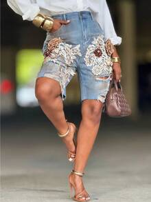 Women's Designer Lace Floral Ripped Denim Shorts, , 3D Floral High-Waisted Denim Capri Pants. - 藍色 - 查看 3