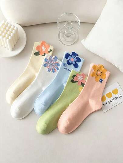 5 Pairs Korean Style Floral Print Mid-Calf Socks, Colorful Versatile Cute Socks For Students, Japanese Style