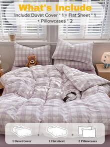 奶油芋紫色格子被套套装，亲肤透气，双层雪纺面料，舒适透气，四季皆宜（1个被套+1个床单+2个枕套），不含被芯，枕套图案随机裁剪 - 淡紫色 - 查看 5