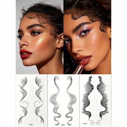 3pcs Luxury Big Wave Wig Hairline Tattoo Stickers, Natural Looking Waterproof Sweat-Resistant Curly Hair Patch, Slouchy Person Essential Styling, Quick Hair Makeover Tattoo Stickers