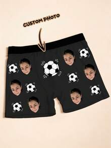 1pc Men's Custom Face & Football Print Black Breathable Elastic Comfortable Novelty Boxer Briefs, Suitable For Football Fans And Daily Wear - Multicolor - View 5