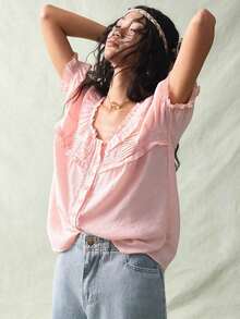 Solid Color Scoop Neck Ruffle Front Button Casual Short Sleeve Shirt Pink Blouses Peasant Top Blouse Summer Pink Babydoll Top Pink Ruffle Top Ruffle Blouse Ruffled Blouse Pink Summer Top - Pink - View 5
