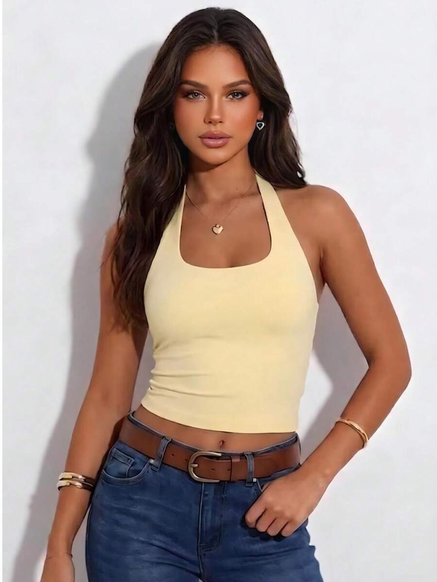 Women's Solid Color Halter Casual Versatile Daily Wear Top - Yellow - View 1