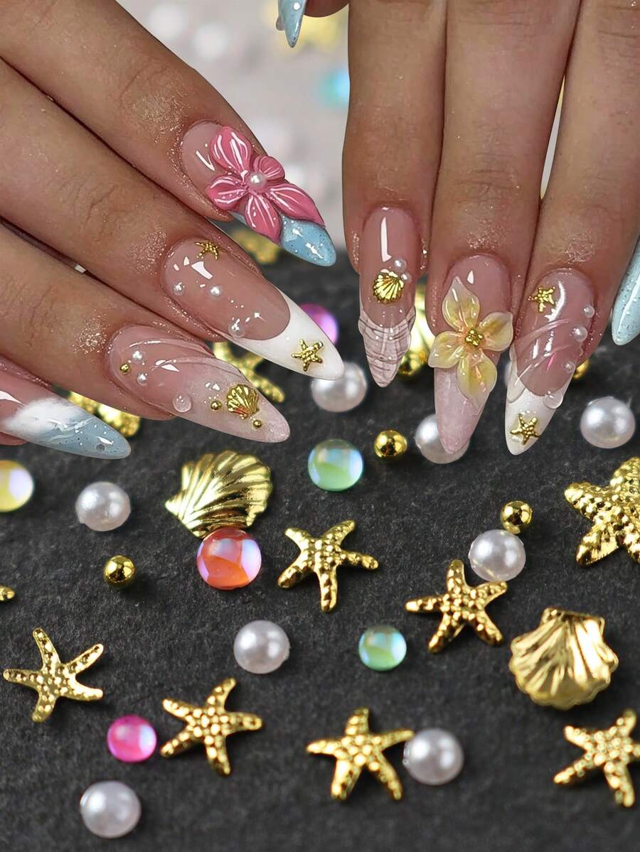 1 confezione di perline miste da sirena, stelle marine, conchiglie, perle bianche, decorazioni dorate, accessori fai-da-te per arte di unghie estiva e vacanze - Multicolore - Visualizzare 1