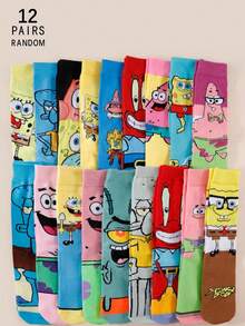 SpongeBob SquarePants 1/5/7/12双随机卡通情侣袜，可爱动漫图案（如眼睛、章鱼、海星等），纯色，舒适透气休闲家居袜 - 彩色 - 查看 8