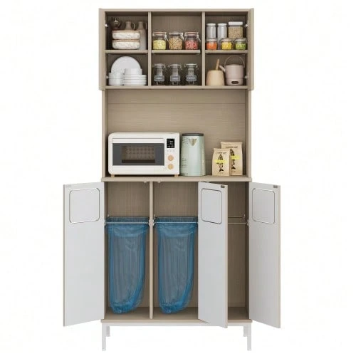 Kitchen Cabinet With Three Doors In Light Wood And White, 181cm High, With Waste Bin Compartment, Microwave Compartment And Vacuum Cleaner Space, 80x35x181cm - White - View 1