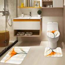 1/4PC Extra Large Floral Shower Curtain - Elegant Watercolor Calla Lily Design, Vibrant Orange Flowers Against A Beige Background, Semi-Transparent Petals - Machine Washable Polyester Fabric. Includes Shower Curtain, Non-Slip Bathroom Mat, U-Shaped Rug, And Toilet Seat With 12 Hooks. Perfect For Creating A Spa-Like Bathroom, Modern Bathroom Décor, And A Luxurious Home Spa Experience. - Durable And Elegant Floral Shower Curtain, Easy-Care Fabric, High-Quality Materials, Ideal For Stylish Homemakers And Spa Enthusiasts. - A - View 4