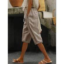 Casual Summer Shorts In Woven Cotton-Linen With Openwork Side Lace - Navy Blue - View 3