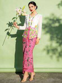 1件装花卉印花优雅娘惹可巴雅半身裙，女士春夏款，洋红色半身裙（不含上衣） - 玫紅色 - 查看 5