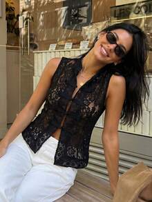 Blusa sin mangas de verano para mujer, elegante, de color liso, con encaje floral y cuello alto, transparente. - Negro - Ver 5