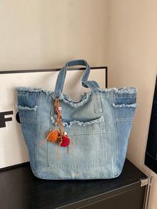 Túi tote denim dung tích lớn mới, túi xách đeo vai đa năng, túi xách tay, túi đi học cho học sinh. - Màu xanh lam - Xem 5