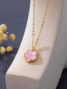 1pc Minimalist New Sweet Pink + Coffee Brown Clover Flower Pendant Necklace, Elegant & Luxurious, Minimalist & Fashionable Design, Suitable For Women, Ideal For Date Night, Graduation Gift, Daily Wear, And Wedding Season - Pink - View 5