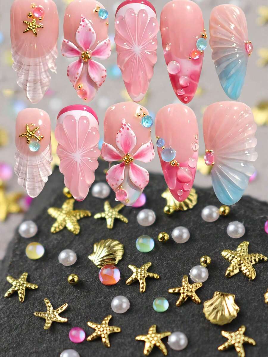 1袋海洋主題合金海星貝殼美人魚珠飾美甲飾品 Y2K 金屬美甲鉚釘 平底珍珠 金色珠子 夏季海灘度假美甲鑽飾 美甲用品 - 彩色 - 查看 1
