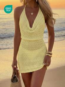 Women's Summer Beach Solid Color Sexy Hollow See-Through Knit Beach Backless Halter Short Cover-Up Dress Vacation - Light Yellow - View 1