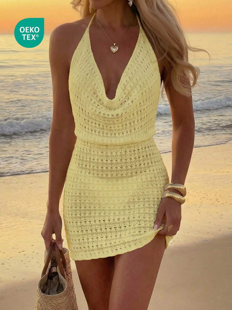 Women's Summer Beach Solid Color Sexy Hollow See-Through Knit Beach Backless Halter Short Cover-Up Dress Vacation - Light Yellow - View 1