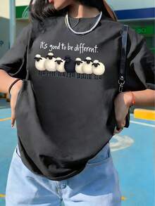 「Sheep Is Different」印花圓領短袖T恤，女款新款極簡可愛圖案休閒度假風圓領針織面料夏季上衣 - 深灰色 - 查看 2